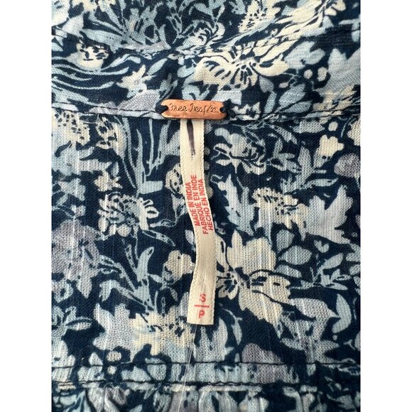 Free People Printed Daybreak Chambray Combo Blouse Floral Ruffled Cotton Small - Picture 8 of 14
